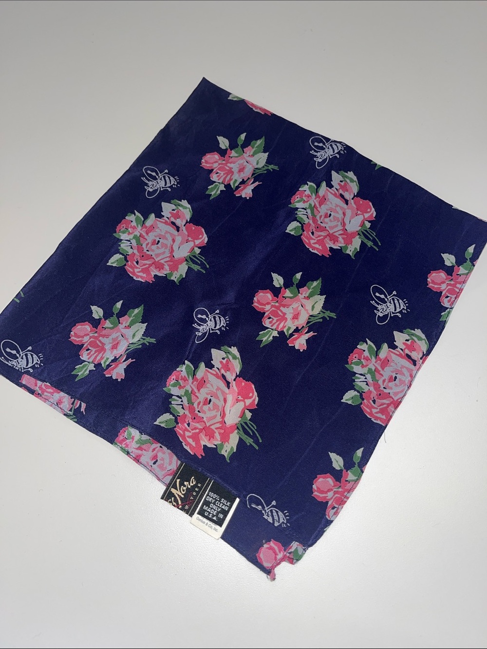 Nick & Nora Navy Silk Scarf with Bees & Pink Floral Bouquet Print